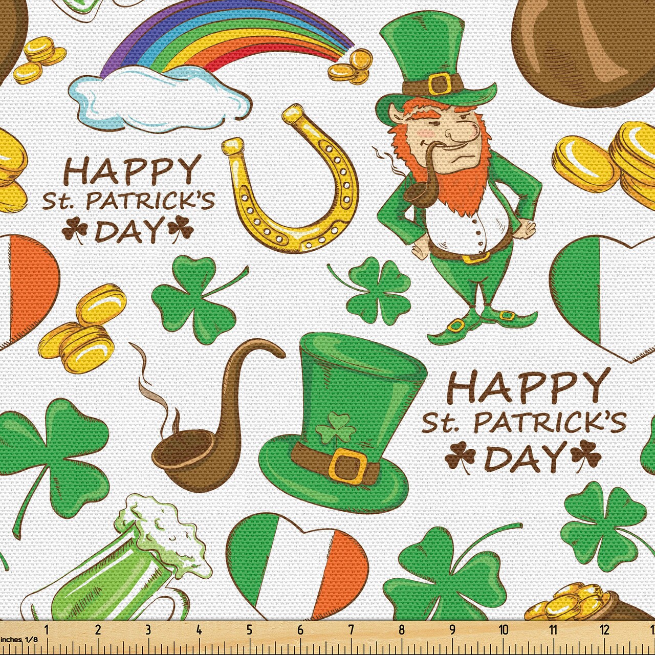 Ambesonne St. Patrick&#x27;s Day Fabric by The Yard, Irish Party Pattern Beer Leprechaun Flag Hearts Rainbow Gold Shamrock, Decorative Fabric for Upholstery and Home Accents, 3 Yards, Shamrock Green